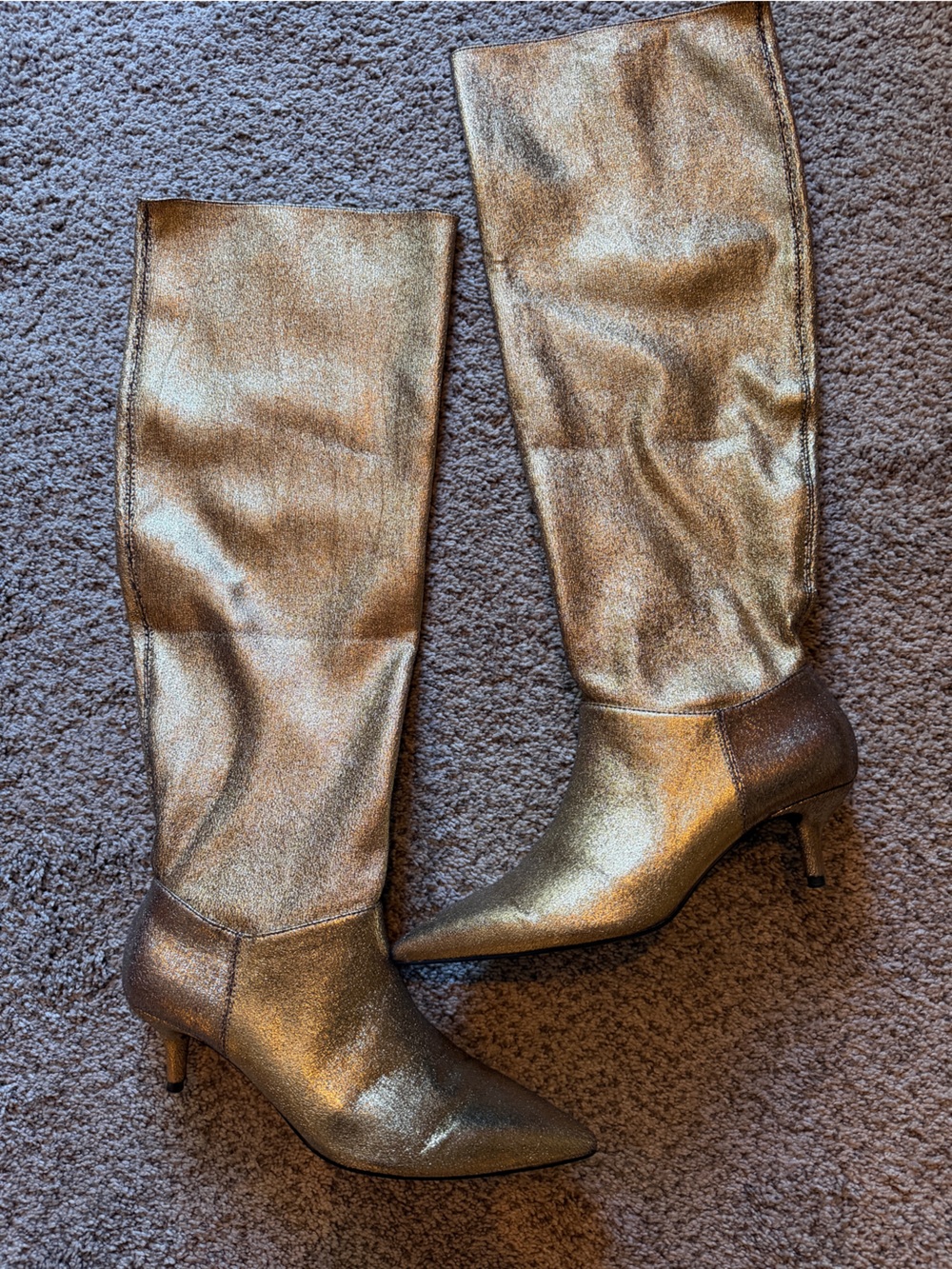 Zara Women’s Knee Hi/Slouch Metallic Gold Pointed-Toe Kitten Heel Booties Size 7